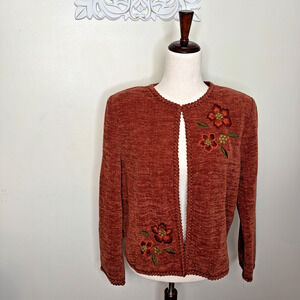KORET DRESS size LARGE Cardigan Sweater Long Sleeves Floral Embroidery BROWN